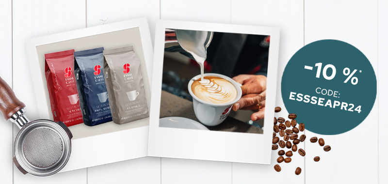 Polaroidbilder Essse Caffè mit Siebträger und Kaffeebohnen