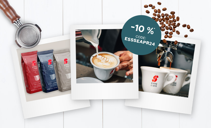 Polaroidbilder mit Kaffeeverpackungen und Tassen von Essse Caffè