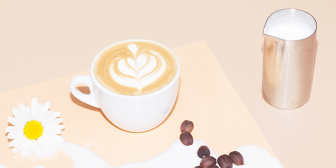 Cappuccino mit Latte Art, einem Milchkännchen, einer Blüte und Kaffeebohnen auf hellem Hintergrund